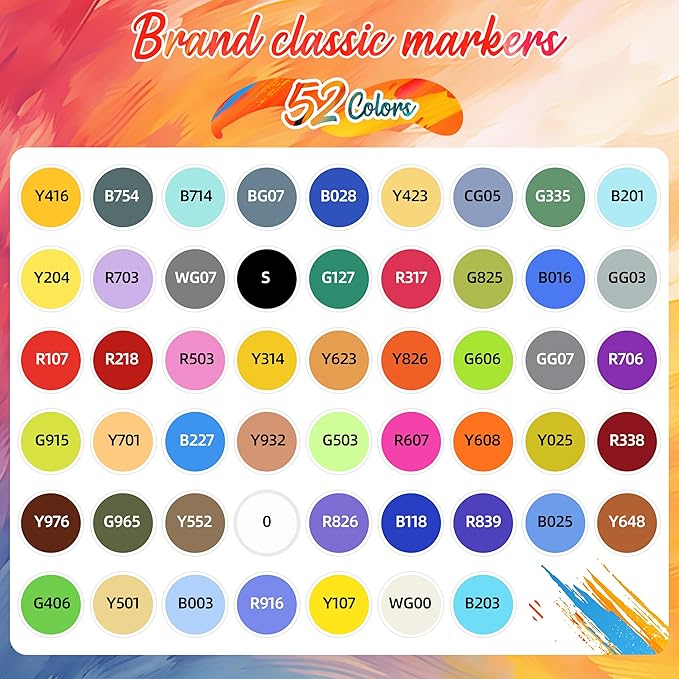 Caliart Alcohol Based Markers, 52 Colors Dual Tip Art Marker Set Fine & Chisel, Permanent Colored Pens for Adults Coloring Book Artists Illustration Sketch Lettering Drawing Cards Planner