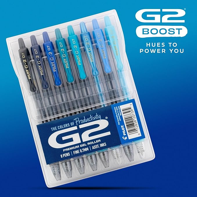 PILOT G2 Premium Gel Roller Pens, Fine Point Gel Pens, Boost Blue Pack, The Colors of Productivity, Assorted - Ideal for School, Journaling, & Office Writing