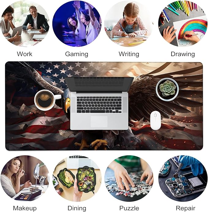 Desk Pad, American Flag and Bald Eagle XXL Gaming Mouse Pad with Stitched Edges,Non-Slip Waterproof Rubber Base Large Desk Mat for Keyboard and Mouse 35.4"x15.7"