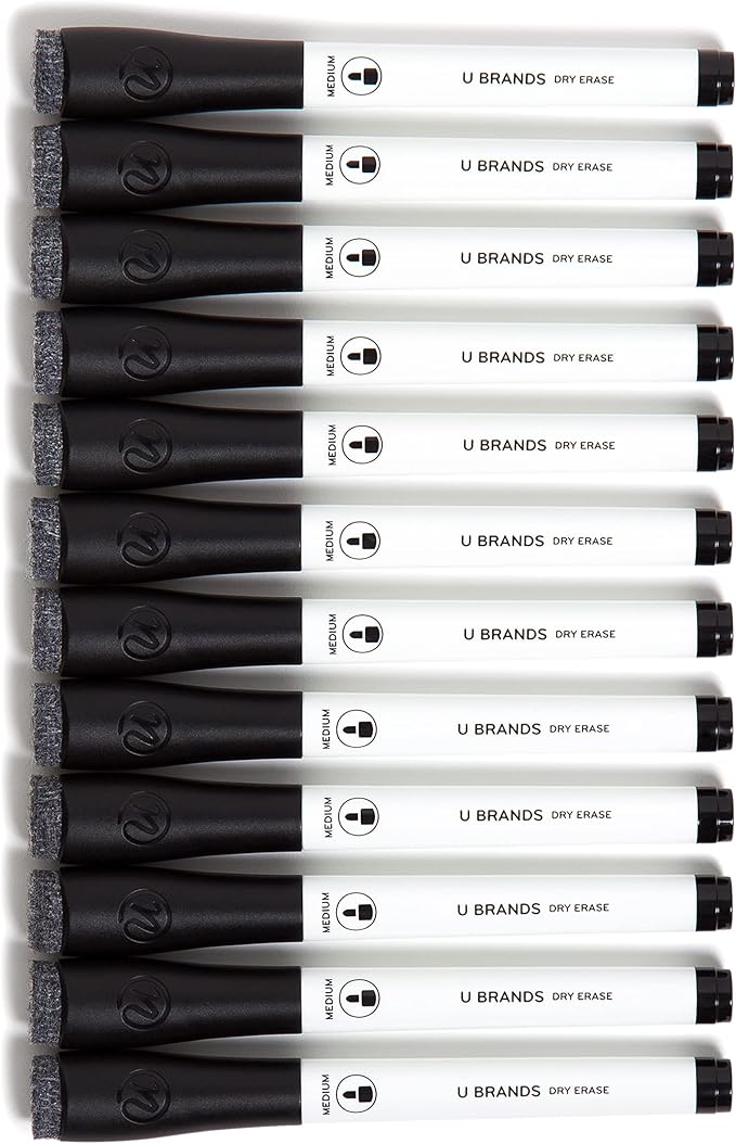 U Brands Fine Tip Dry Erase Markers with Eraser, Whiteboard Markers, Low Odor, Black, Set of 12