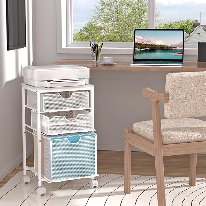Rolling File Cart with 3 Storage Drawers, Wood & Mesh Hanging File Folder Organizer with Wheels Under Desk, File Cabinets for Home Office, 11.81" D x 14.8" W x 25.39" H, White