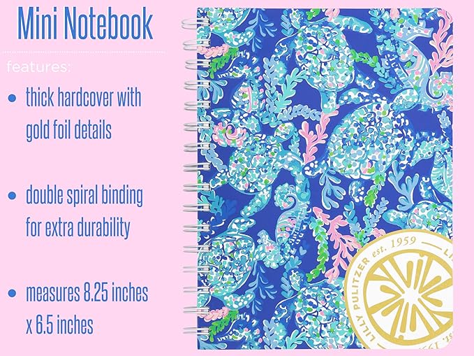 Lilly Pulitzer Women's Blue Hardcover Mini Spiral Notebook, 8.25" x 6.5" with 160 College Ruled Pages, Turtle Villa