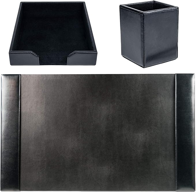Dacasso Bonded Set Luxury Leather Desk Pad & Desk Organization Essentials, 3 Piece, Black