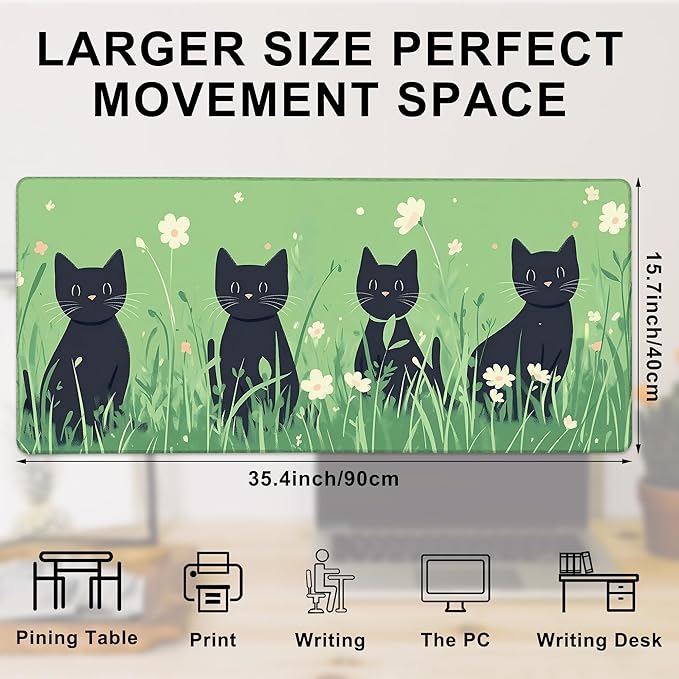 Gaming Mouse Pad, Anime Black Cats and Flowers Large Desk Mat for Keyboard and Mouse,Non-Slip Rubber Base and Stitched Edges Desk Pad for Home Office 35.4x15.7in