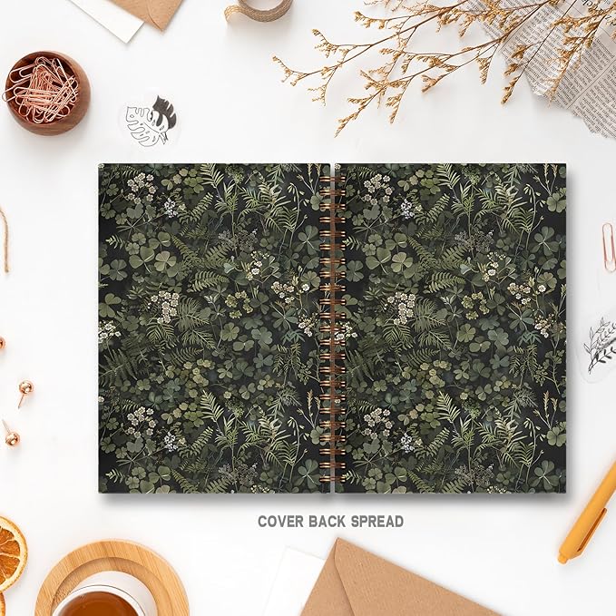 Dark Green Botanical Notebook, Cottagecore Wildflower Plant Journal, Vintage Fern Herb Leaf Floral Journal for Writing, Rustic Spiral Notebook 5.5x8.3 Inch