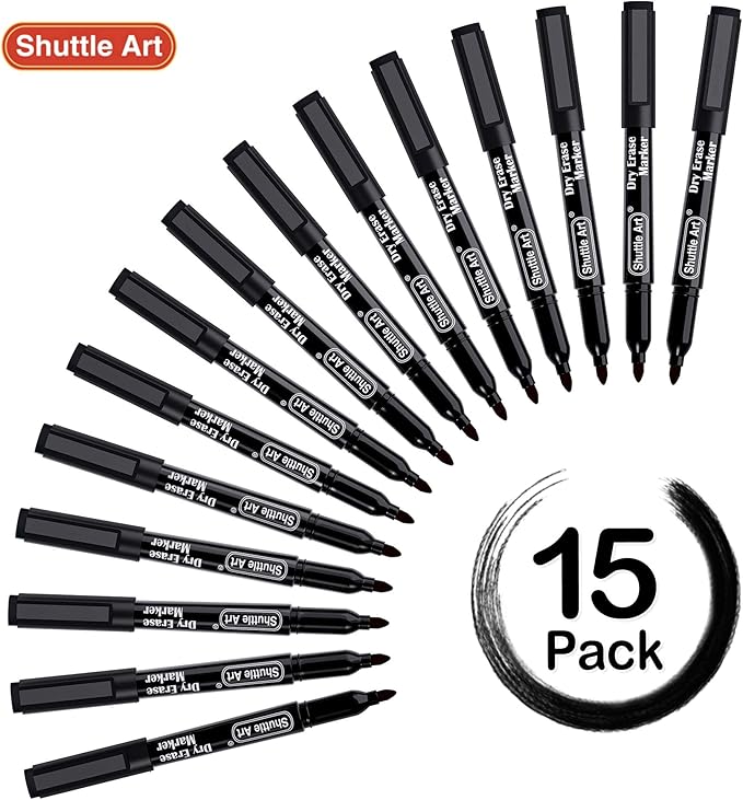 Shuttle Art Dry Erase Markers, 15 Pack Black Magnetic Whiteboard Markers with Erase,Fine Point Dry Erase Markers Perfect For Writing on Whiteboards, Dry-Erase Boards,Mirrors for School Office