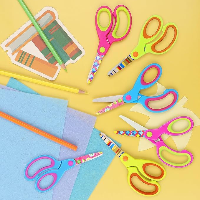Kids Scissors, Blunt Tip Safety Children's Craft Scissors, Soft Grip, for Home and School, for Children 3 Years or Older, Pink, Blue, Fruit Green 6 Pairs