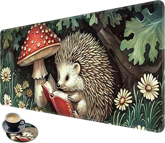 Desk Mat Large Gaming Mouse Pad (31.5x11.8 inch) with Stitched Edges, XL Mouse Pad +Coaster, Extended Mouse Mat Keybroad Mousepad Non-Slip Rubber for Gamer Men Women, Hedgehog Mushrooms