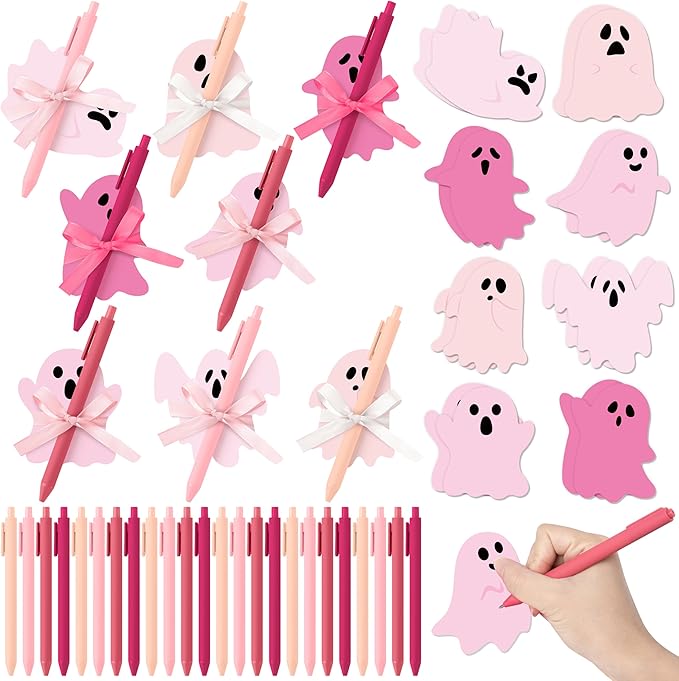 72pcs Halloween Pink Ghost Sticky Notes & Pens & Ribbons Set, Pink Little Boo Pastel Notepads Gift, Self-Stick Memo Pad for Office Classroom Halloween Back to School Party Favor Supplies