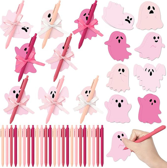 72pcs Halloween Pink Ghost Sticky Notes & Pens & Ribbons Set, Pink Little Boo Pastel Notepads Gift, Self-Stick Memo Pad for Office Classroom Halloween Back to School Party Favor Supplies