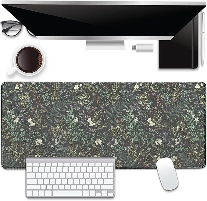 Dark Green Plant Desk Pad Mouse Pad,Vintage Green Fern Leaves Mouse Mat with Stitched Edges,Non-Slip Rubber Base Mousepad for Office PC Keyboard Laptop and Home Work Desk Mat(27.5X11.8 in)
