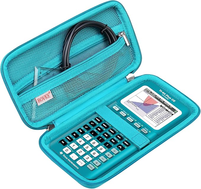 BOVKE Hard Travel Case for Texas Instruments TI-84 Plus CE/TI-84 Plus/TI-83 Plus CE/TI-83 Plus/Casio fx-9750GIII Graphing Calculator, Mesh Pocket for USB Cables, Manual, Pens, Accessories, Teal