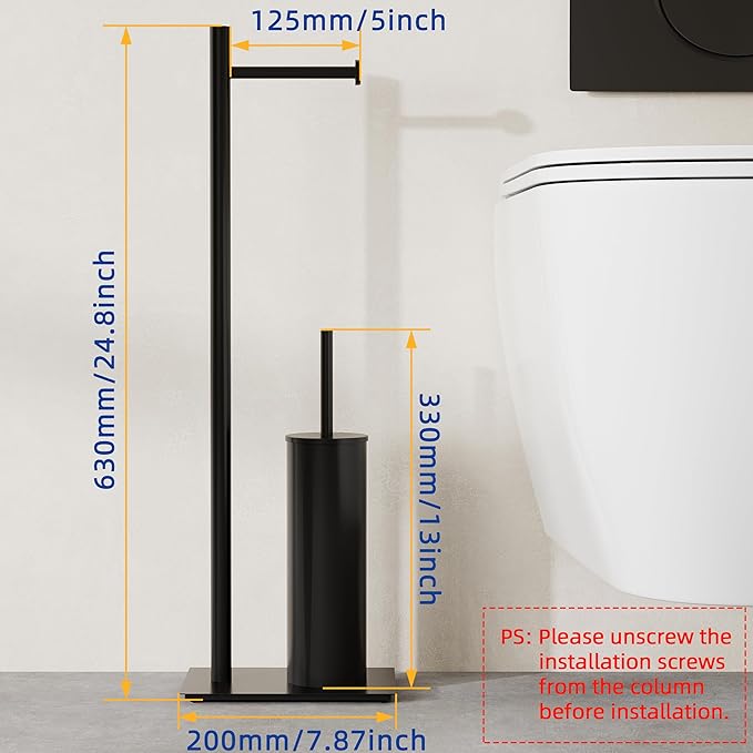 RUACQ Toilet Paper Holder Stand with Toilet Brush and Holder Set, 304 Stainless Steel Bathroom Toilet Tissue Paper Roll Holder Free Standing, Weighted Base, Heavy Duty (Matte Black)
