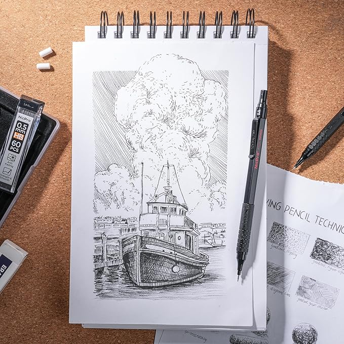 Nicpro 0.5 & 0.7 & 0.9 mm Metal Mechanical Pencil Set with Case, 6PCS MP1000 Artist Lead Pencil with 12 Tubes HB & 2B Lead Refills, 3 Erasers For Architect Art Writing Drafting Sketching Drawing