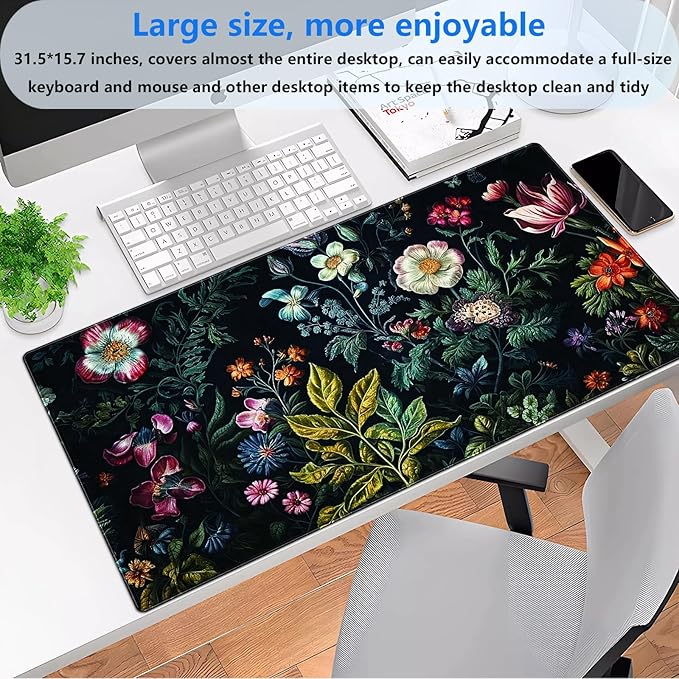Dark Floral Mouse Pad XL Gaming Mouse Pads Floral Desk Mat for Desk Extra Large Computer Pad 31.5 x 15.7 in Pretty Colorful Flower Design Keyboard Mouse mat for Desk Decor