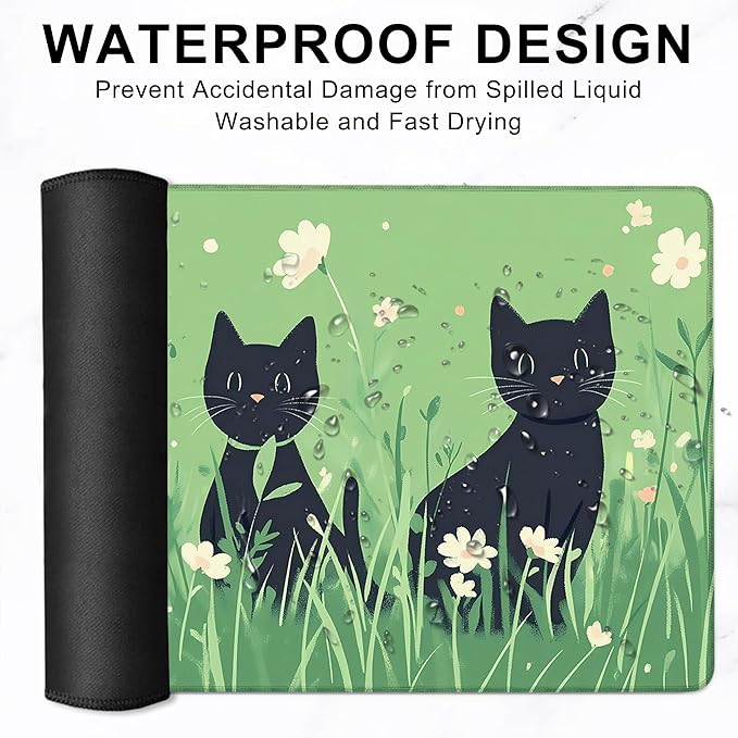 Gaming Mouse Pad, Anime Black Cats and Flowers Large Desk Mat for Keyboard and Mouse,Non-Slip Rubber Base and Stitched Edges Desk Pad for Home Office 35.4x15.7in