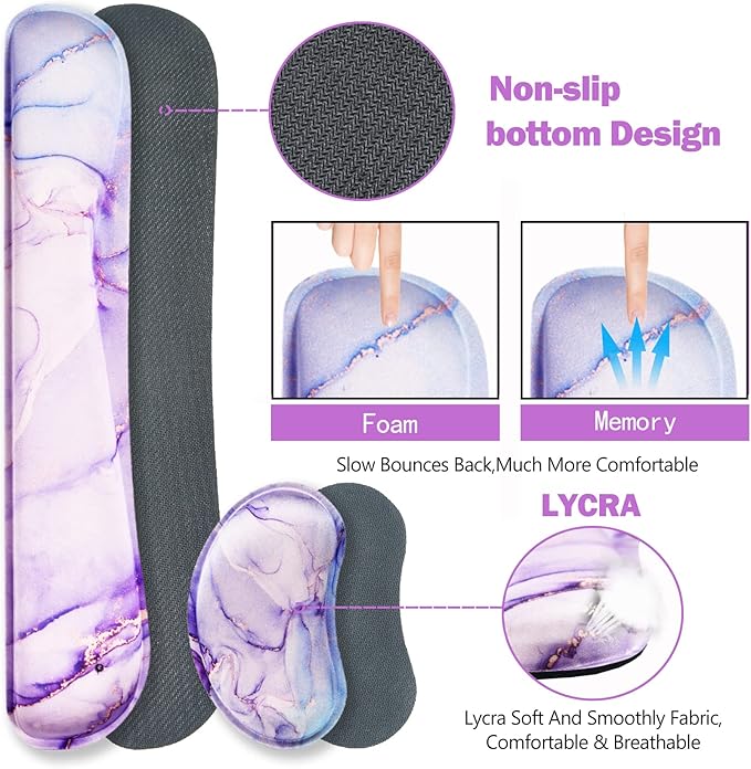 ARTSO Large Gaming Mouse Pad, Keyboard Wrist Rest Pad & Wrist Support Mousepad Set, Stitched Edge, Extended, Non-Slip Base, Memory Foam,Multifunctional Desk Mat for Office & Home, Purple Blue Marble