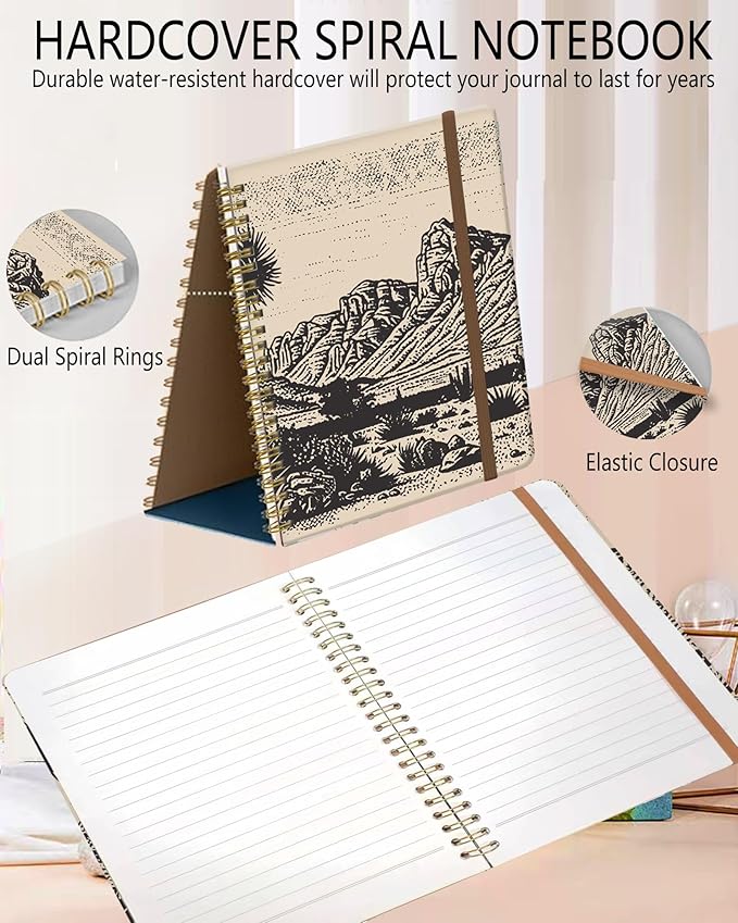 Spiral Journal Notebook, A5 Cute Notebooks for Women Men, College Ruled Hardcover Notebook for Work & Note Taking, 60 Pages Double-Wire Journals for Writing, Retro Mountain