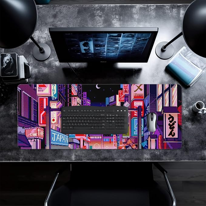 Dark Purple Japanese Gaming Mouse Pad Abstract Anime Mat 31.5x11.8 Inch Tokyo Pixel Street Texture Non-Slip Rubber Base Kawaii Mousepad Stitched Edges Keyboard Desk Pad for Office and Home Game