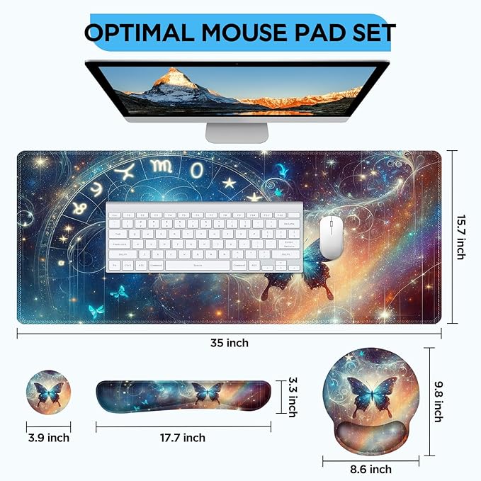 AIMSA Keyboard Mouse Pad Wrist Rest Set, Large Gaming Mouse Desk Pad with Wrist Support Ergonomic Design, 4 in 1 Mousepad for Home Office, Starry Sky Butterfly