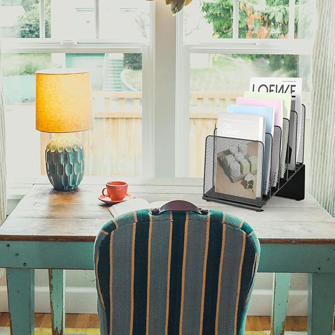 File Organizer for Desk, File Folder Organizer with 5-Section Vertical Rack, Suitable for Home Office Document Organization and Storage(Black)