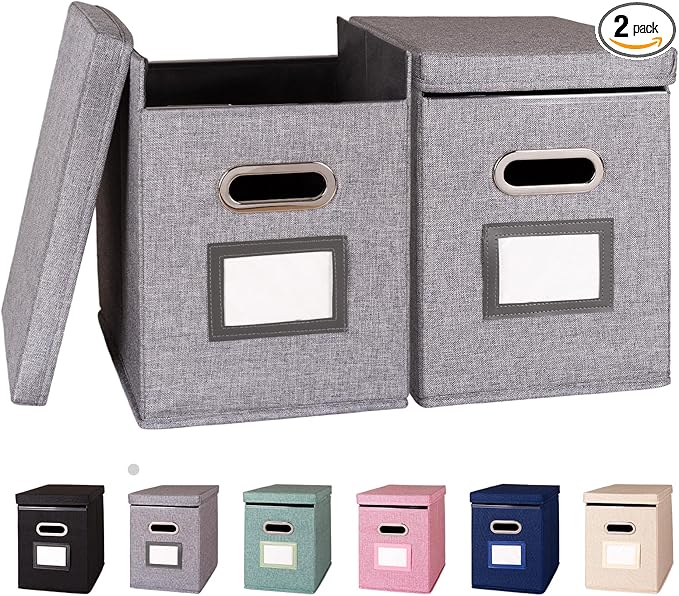 2 Pack Hanging File Folders Organizer with Lid, Letter Size Fabric File Storage Box Collapsible, Portable Office Document Holder with Metal Handle, Smooth PVC Rails, Gray