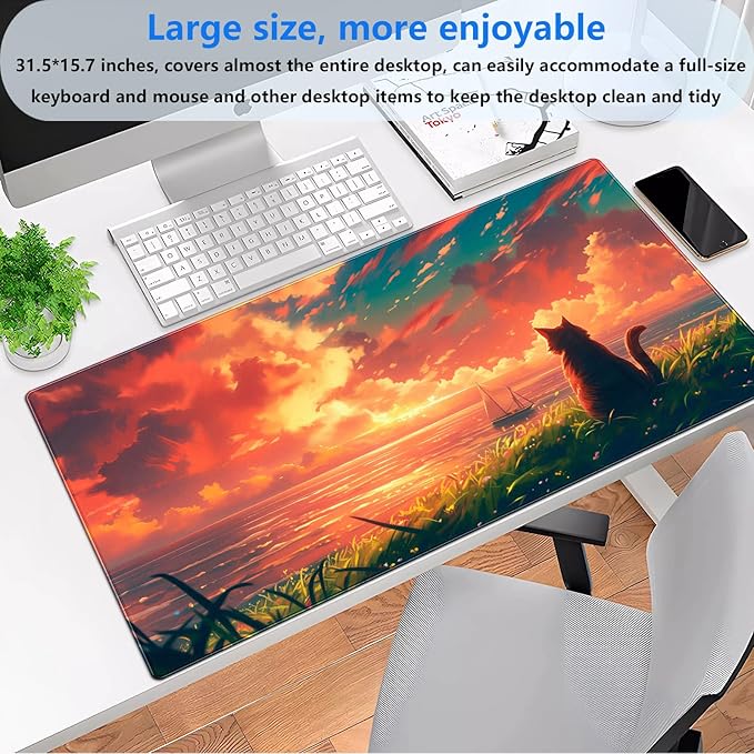 Cute Cat Anime Sunset Ocean Large Gaming Mouse Pad - 31.5x15.7 Inch XL Extended Desk Mat for Keyboard & Mouse, Kawaii PC Desktop Decor
