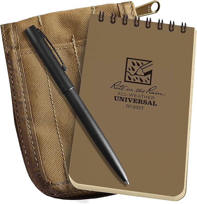 Rite in the Rain Weatherproof 3" x 5" Top-Spiral Notebook Kit: Tan CORDURA Fabric Cover, 3" x 5" Tan Notebook, and an Weatherproof Pen (No. 935T-KIT)