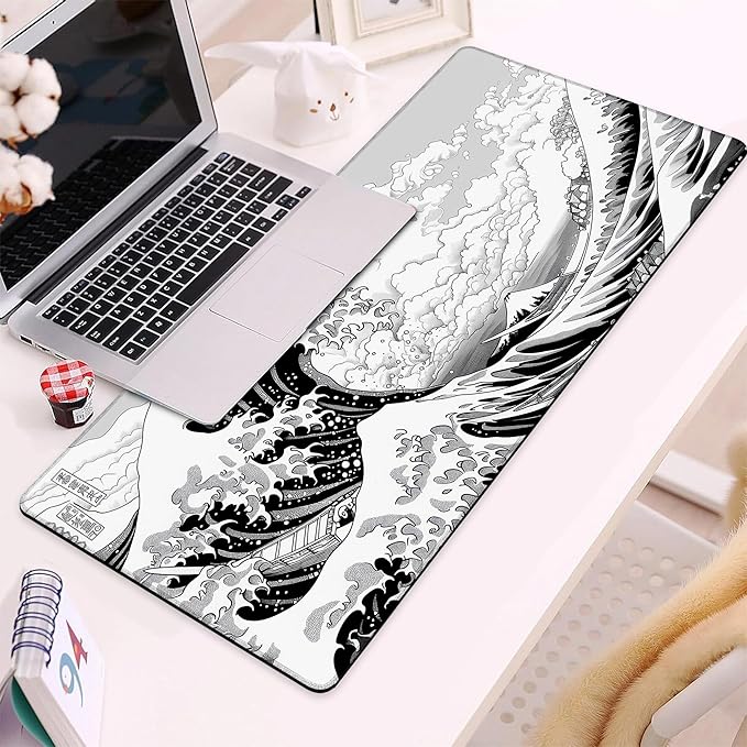 Gaming Mouse Pad, Black and White Japanese Sea Wave Large Desk Mat for Keyboard and Mouse,Non-Slip Rubber Base and Stitched Edges Desk Pad for Home Office 35.4x15.7in