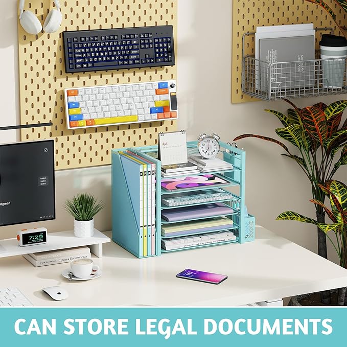 Simple Trending 6 Tier Desk File Organizer, Paper Letter Tray Organizer with File Holder and Pen Container, Blue