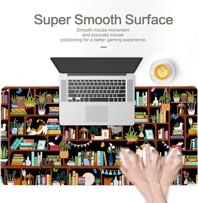 Vimorco Desk Mat Mouse Pad Cozy Cats, Cute Cat XXL Extended Large Gaming Desk Pad Mousepad, Computer Laptop Keyboard Mouse Mat for Work/Game/Office/Home 31.5x15.7 in, Bookshelf Greenery