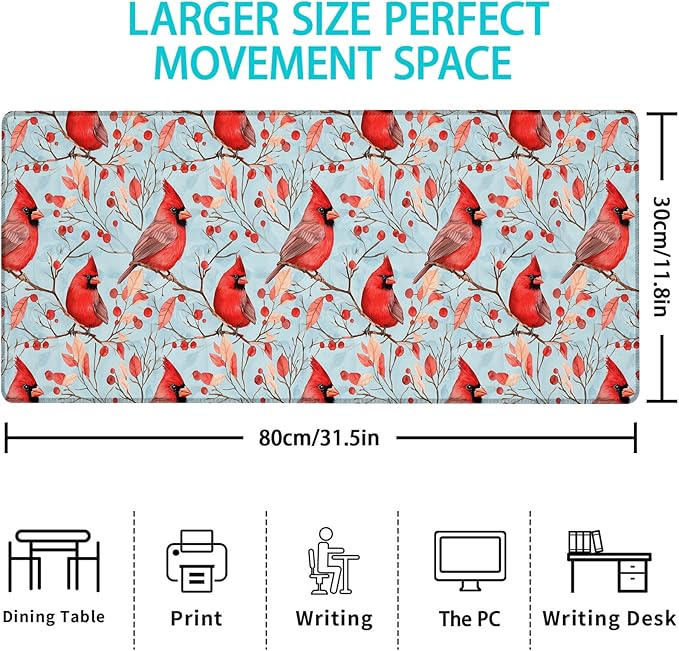 Gaming Mouse Pad, Bird Cardinal Mouse Pad, Desk Mat, Non-Slip Rubber Base MousePads for Computers Laptop Office School Home Accessories Decor 31.5" x 11.8"