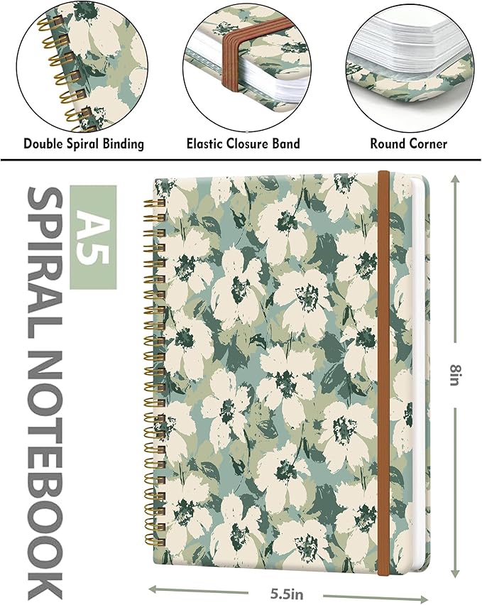 Spiral Journal Notebook for Women, Hardcover A5 College Ruled Notebook, 120 Pages, Thick Paper, Cute Lined Journal for School, Office & Work, 6 x 8.4 in(Floral Green)