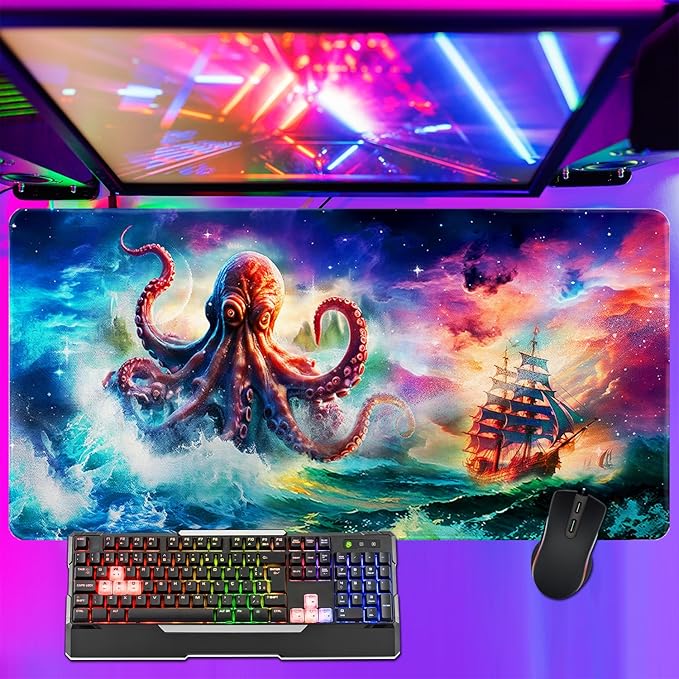 Vimorco Large Gaming Mouse Pad, Large Desk Pad Big Computer Mat Mousepad, Desk Mat Laptop Keyboard Mouse Mat for Game/Office/Home/Work 31.2x15.6 in, Octopus Monster Sailing Adventure