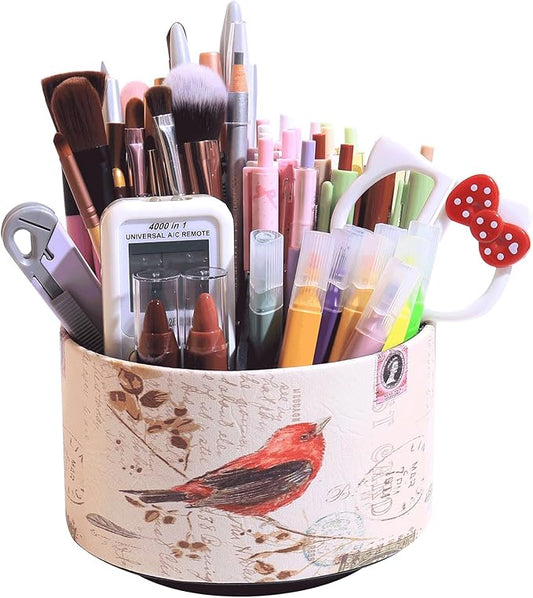 360° Rotate Desk Pen Organizer, Makeup Brush Holder Organizer, Makeup Organizers Countertop, TV Remote Control Holder,Leather Remote Caddy,Dual-Purpose Art Supply Pencil Cup (Bird)