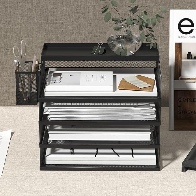Metal Stackable Letter Trays, 4-Tier Desk Organizer & Paper Trays for Office, Stackable File & Document Tray with Magnetic Labels,Black