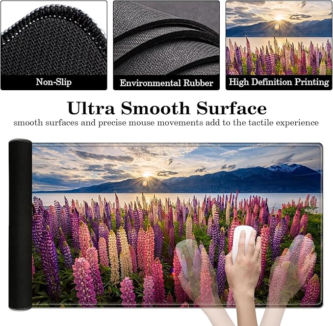 Desk Pad Protector, Mouse Pad, Office Desk Mat, Non-Slip PU Leather Desk Blotter, Laptop Desk Pad, Waterproof Desk Writing Pad for Office and Home (Lupine Flower)