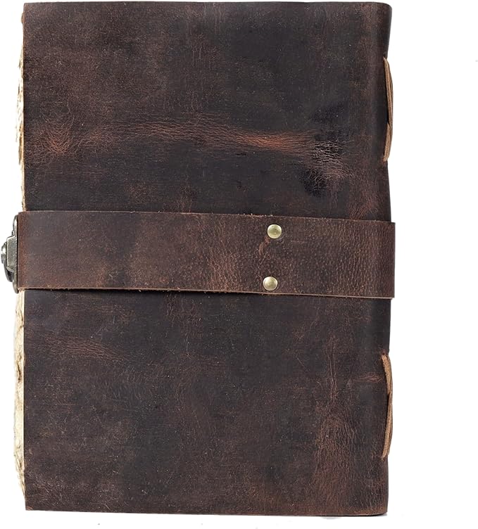 HLC Leather Journal, 200 Pages of Antique Deckle Edges Handmade Paper Vintage Journals for Men & Women, Vintage Lock Closure Rustic Brown Leather Gifts with Pen Holder (8" X 6" inches)