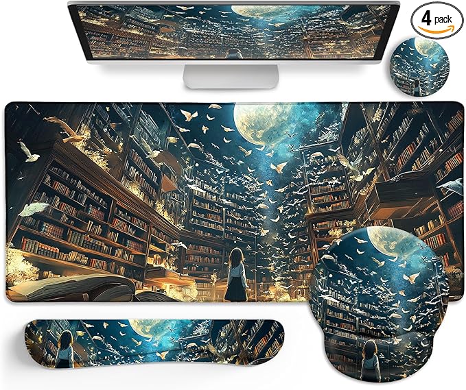 Anime Book Mouse Pad Set Large Desk Matt for Desktop, Ergonomic Mouse Pad with Wrist Rest, Gaming Mousepad Wrist Support Keyboard Mat Cup Coaster Set Cute Desk Accessories for Women Girl