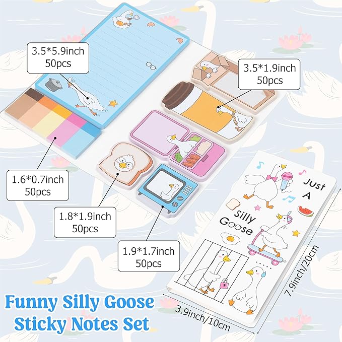 B1ykin Sticky Notes Set, Cartoon Theme Cute Self-Stick Notes Pad Teacher Appreciation Gifts, Self-Adhesive Writing Memo Pages Sticky to Do Notepad Thank You Gift for School (Funny Silly Goose)
