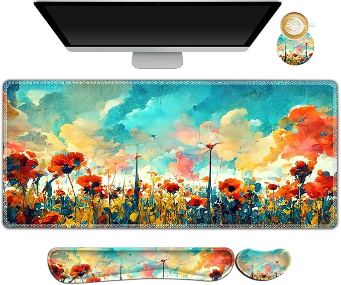 ARTSO Gaming Mouse Pad Wrist Support Set, XXL Large Desk Mat Mousepad + Keyboard Wrist Support+ Mouse Wrist Rest+Coaster 4in1 Ergonomic, Stitched Edge for Home Office -Oil Painting Flowers Plants