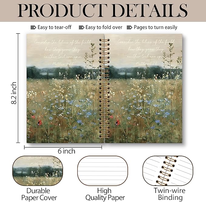 Bible Wildflowers Notebook Journal - Vintage Flowers Spiral Notebook, Floral Journal, Landscape Christian Notebooks Gifts for Women, Cottagecore Flowers School Office Supplies, 6x8.2In