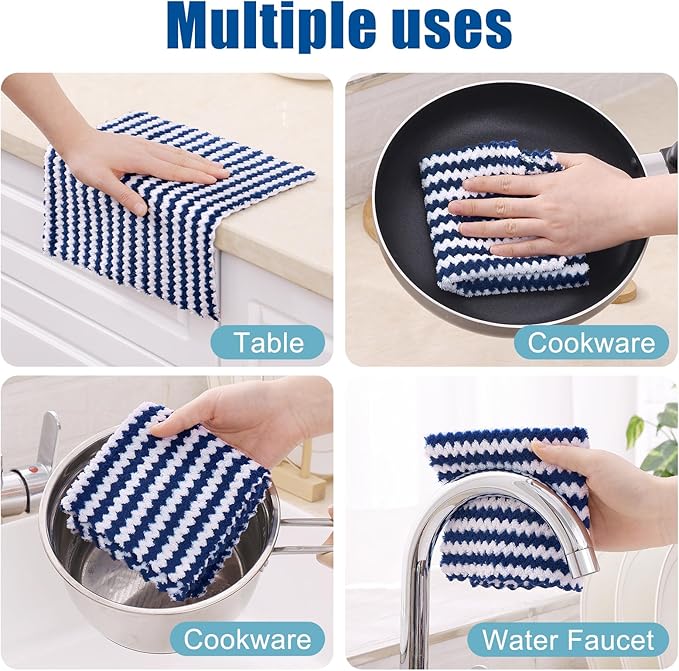 Homaxy 12 Pack Kitchen Dish Cloths, Ultra Soft and Absorbent Dish Towels, Reusable Fast Drying Microfiber Cleaning Cloth, Coral Velvet Wave Design No-lint, 10 x 10 inches, Dark Grey/Navy Blue/Beige