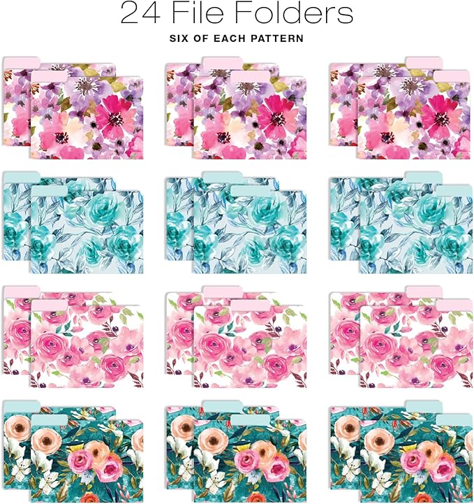 Global Printed Products Deluxe Designer Hanging File Folder Kit, Includes Metal Hanging Basket, 12 Hanging Folders, 24 File Folders, 1/3 Cut Tab, Assorted Positions, Letter Size (Floral)