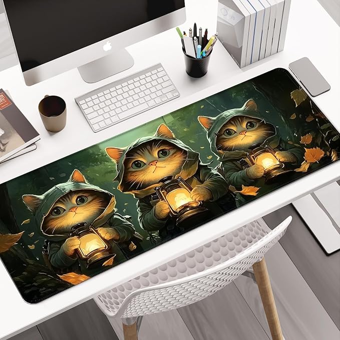 Anime Cat in Green Forest Adventure Gaming Desk Mat, Extended Large Fantasy Kawaii Cute Aesthetic Mouse Pad, Computer Keyboard Laptop Mousepad for Work, Office and Home, XL