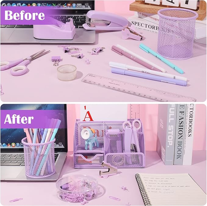Purple Mesh Desk Organizer and Accessories, Purple Office Supplies 7 Compartments Desk Organizer with Stapler,Tape Dispenser,1000 Staples,Pen Holder,Staple Remover,Clips,Ruler,Scissors