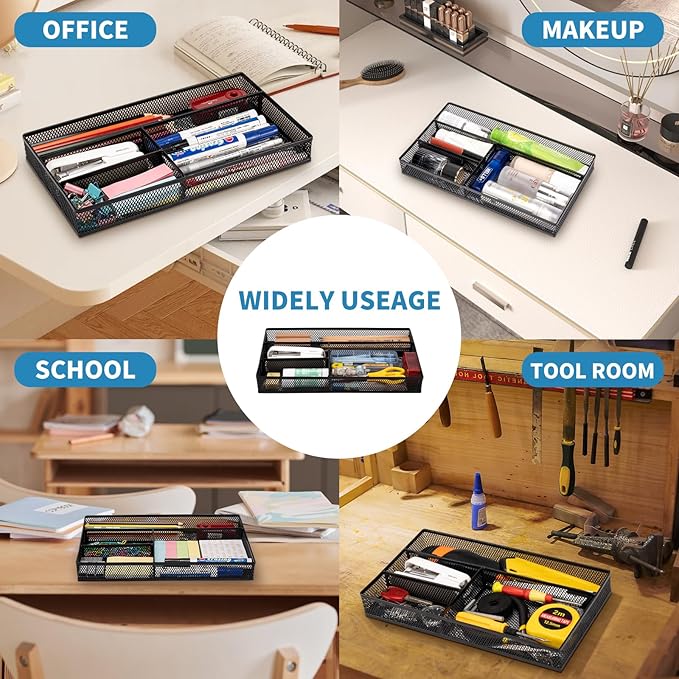 Desk Drawer Organizer Tray,Drawer Organizer for Office and Home,Desk Organizer with Drawers,4 Compartments,Non-Slip Desk Organizers and Accessories for Stationery Makeup School (Black)