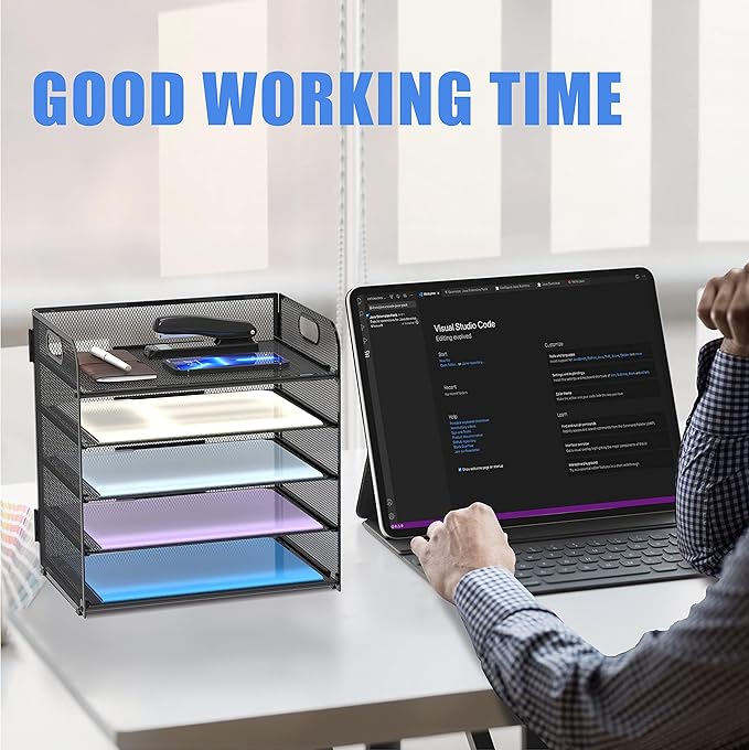 2 Pack 5-Tier Desk Organizer with Handle Mesh Desk File/Paper Organizer Letter Tray for Office, School and Home Easy Installation, Black