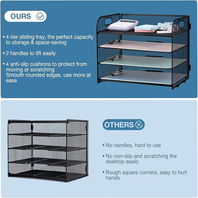 4-Tier Mesh Letter Tray Paper Organizer, Desk File Organizer with Handle - Black