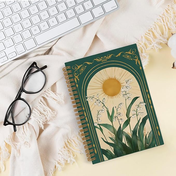 Green Boho Floral Spiral Notebook, Vintage Lily Sun Botanical Flowers Journal Notebook, Green Floral Notebooks for School Work, Boho Office Supplies Gifts for Women, 5.5x8.3 Inch